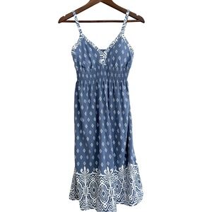 2011 Athleta Blue Geometric Ruched Sundress Cotton Blend Size Medium